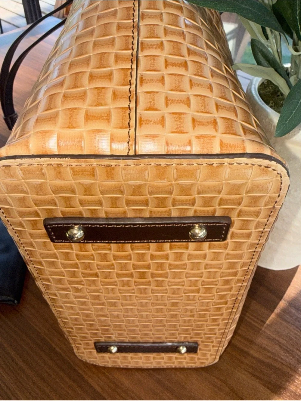 Dooney & Bourke Tan Woven Tote with Dark Brown Trim - Picture 7 of 16